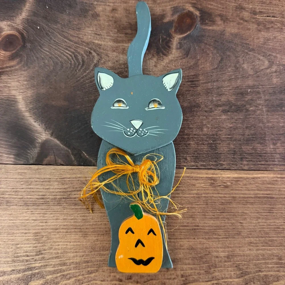 Vintage 1995 Pumpkin Hollow Wooden Black Cat Shelf Sitter Halloween Decor Grey